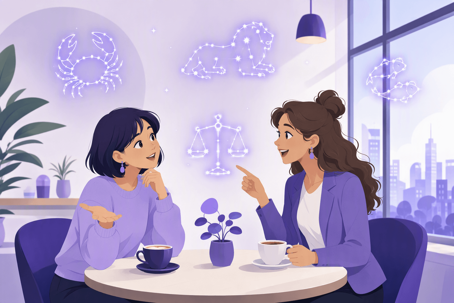 Two coworkers on a coffee break in a bright Japanese cafe, one asking a question with an open-palm gesture while the other points at a glowing star-line balance scale floating between them
