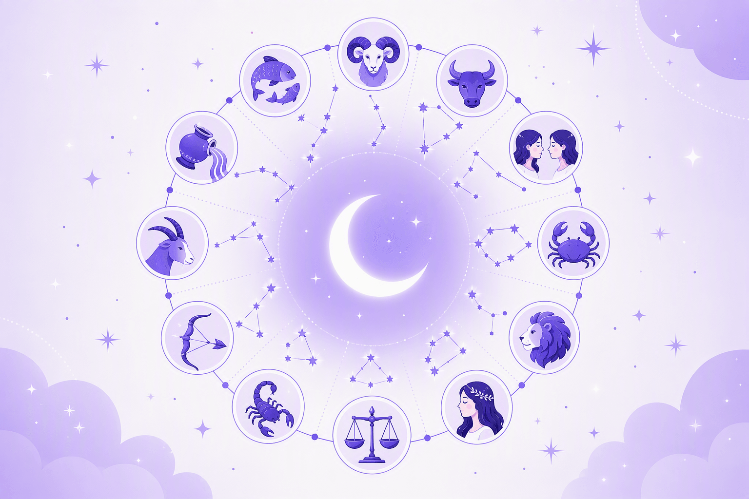 Zodiac wheel with the twelve signs as minimal icons, from the ram to the two fish, arranged around a glowing crescent moon and constellation lines