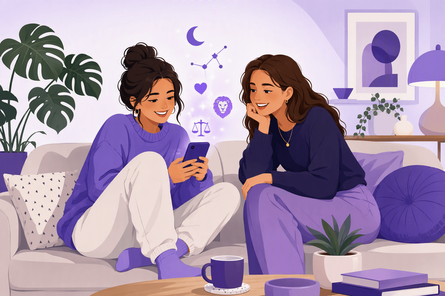 Two friends on a sofa laughing at a phone while zodiac icons float above the screen