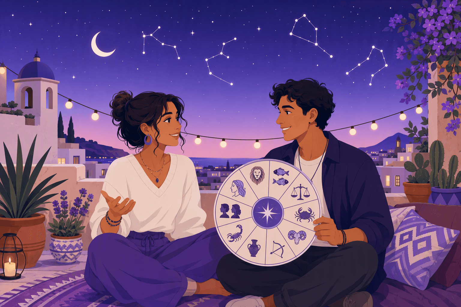 Two friends on a rooftop at dusk under a starry sky, holding a round zodiac wheel with the twelve sign symbols