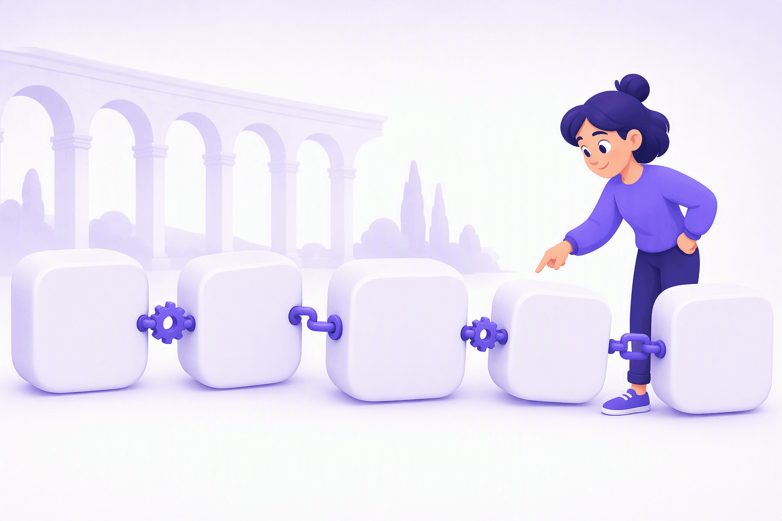 Large blank blocks joined into a chain by small purple gears and links, with a curious learner pointing at one connector