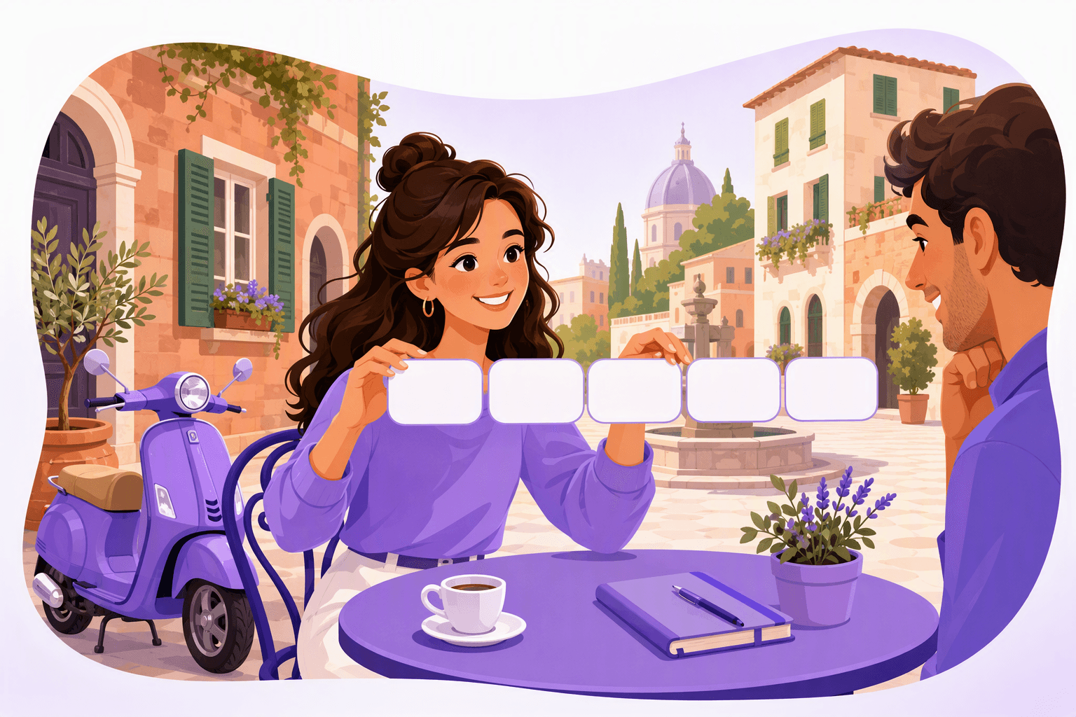 Learner at an Italian cafe table assembling blank word tiles into a sentence, with a scooter and a piazza in the background