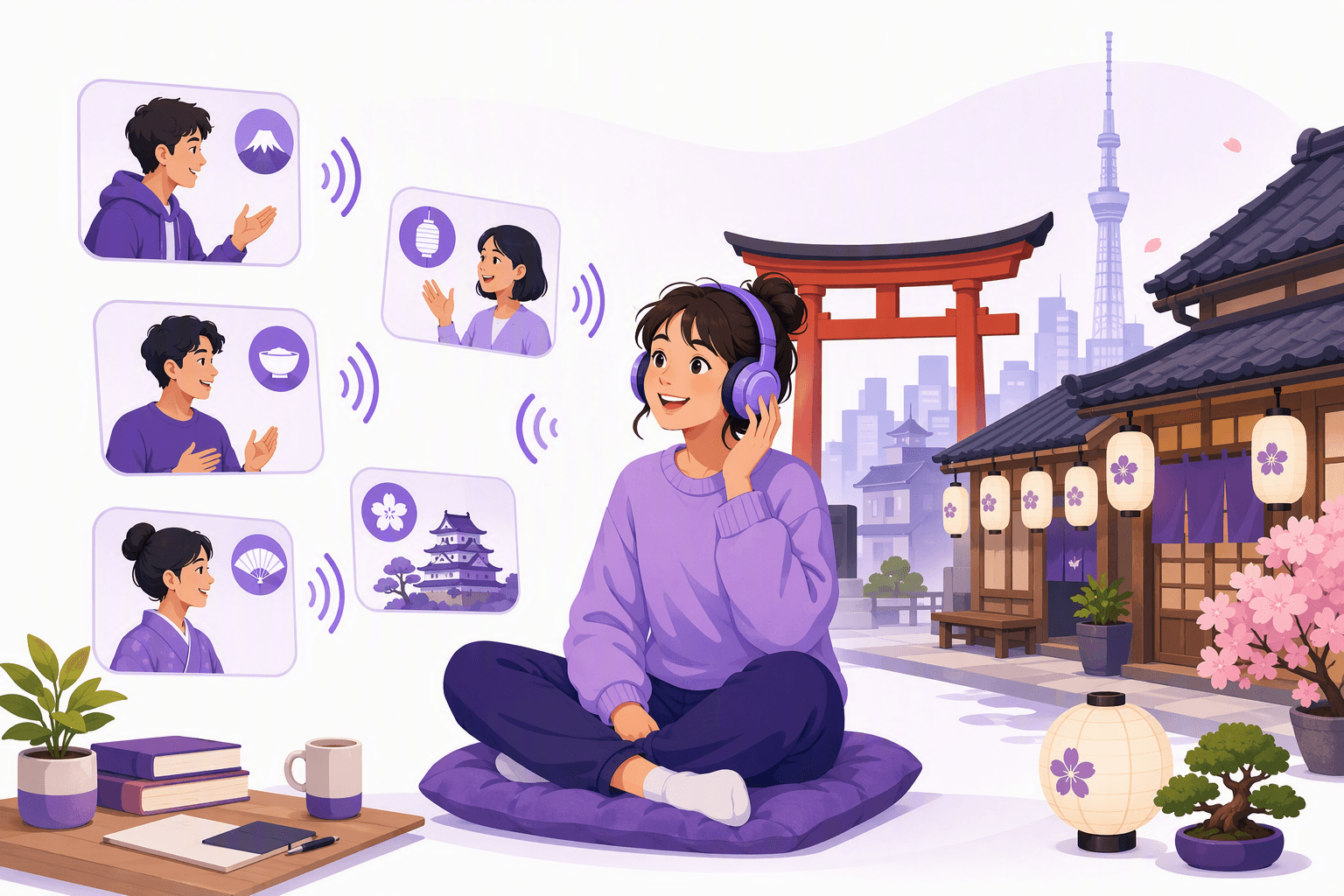 Um aluno de auscultadores está sentado numa almofada a ouvir pequenas frases em japonês, com um portão torii, lanternas de papel e o horizonte de Tóquio atrás dele