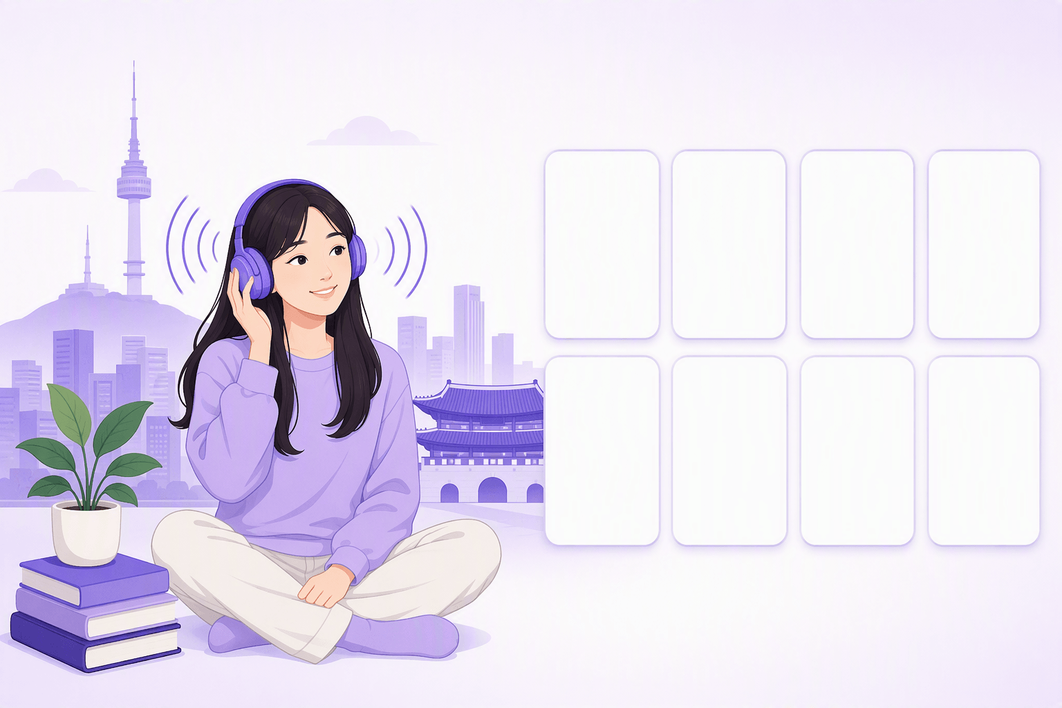 A learner sitting cross-legged in headphones beside a stack of books and a grid of blank vocabulary cards, with the Seoul skyline and a palace gate in the background