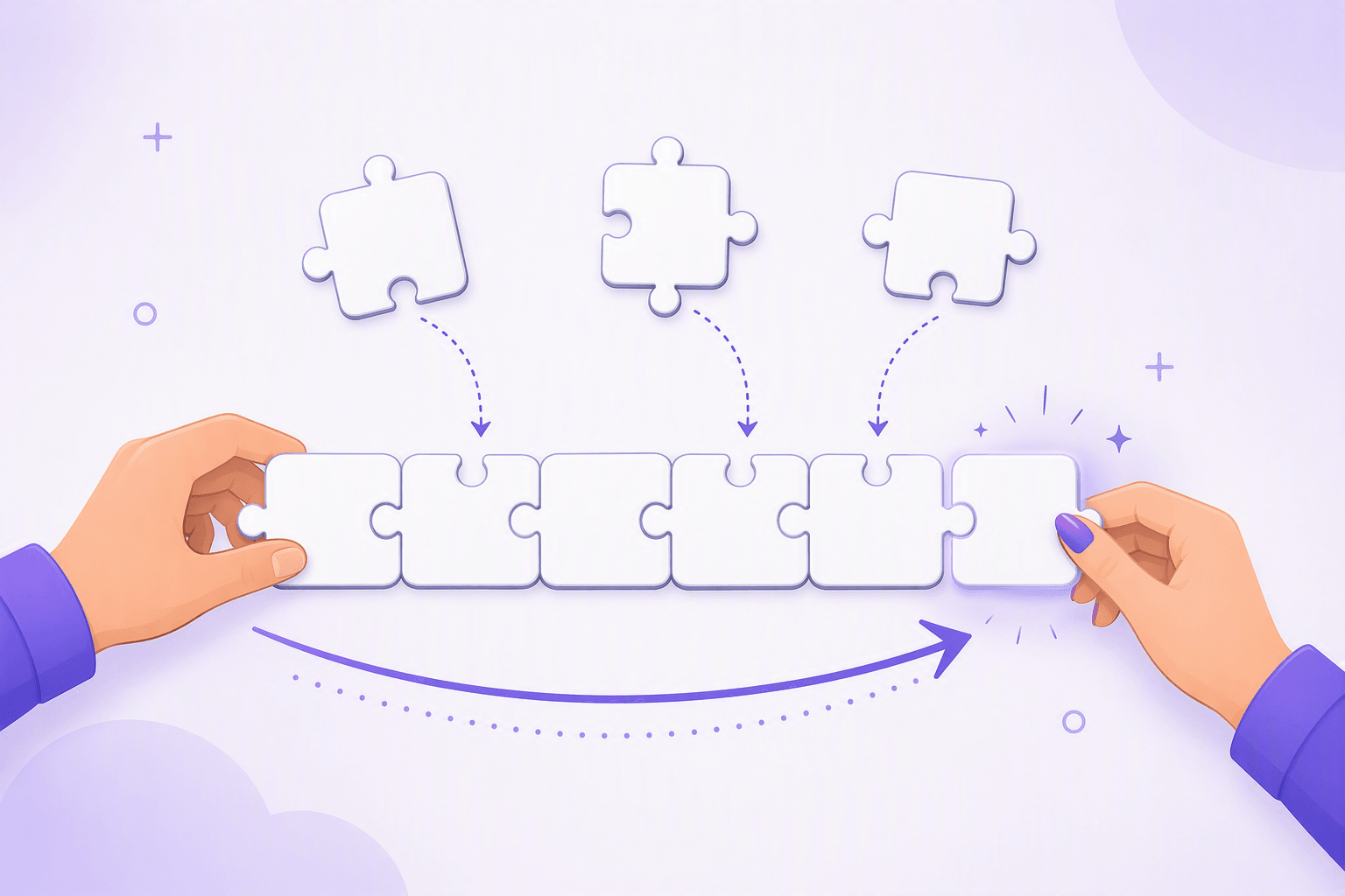 Hands snapping blank puzzle pieces together into one connected strip while more pieces drop into place, illustrating how core words build a sentence