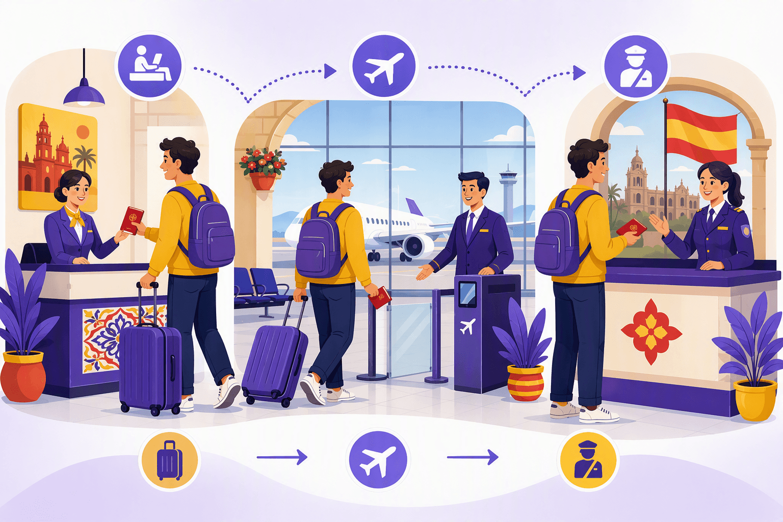 Flat-vector illustration of a traveler with luggage navigating airport check-in, boarding, and customs areas while airport staff provide assistance and an airplane waits outside.