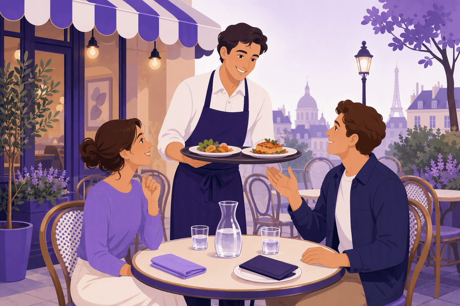 Waiter with a serving tray greeting two seated diners at a small round table on a Parisian bistro terrace, with a carafe of water and a bill folder on the table