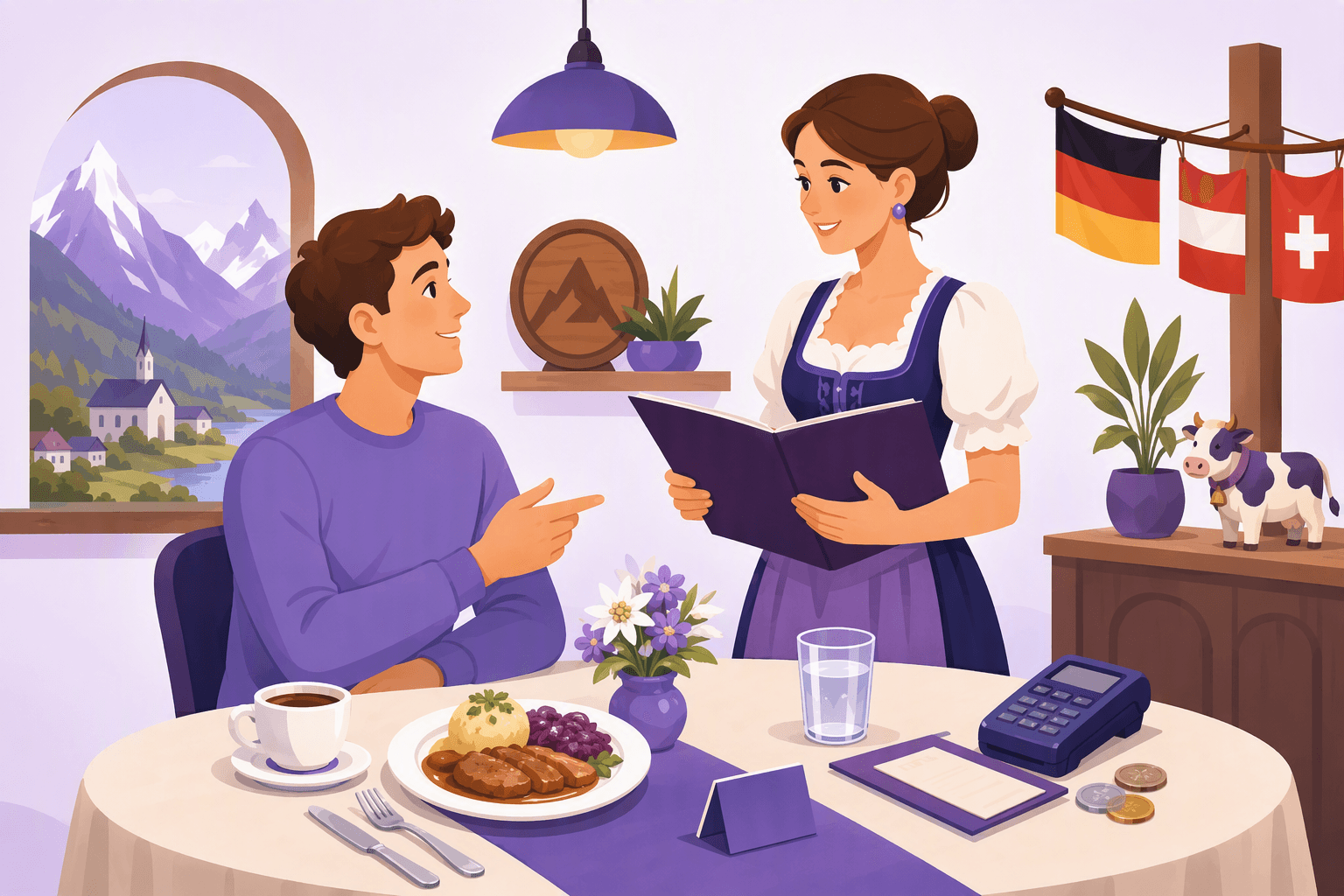 Flat-vector scene of a customer ordering food and coffee from a server in a German-speaking restaurant, with a meal, table setting, reservation card, bill, coins, and card terminal, plus subtle German, Austrian, and Swiss color accents.