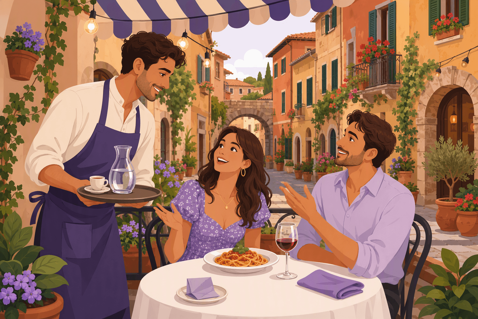 A waiter carrying espresso and a water carafe greets two seated guests at an outdoor trattoria table in an Italian old town street
