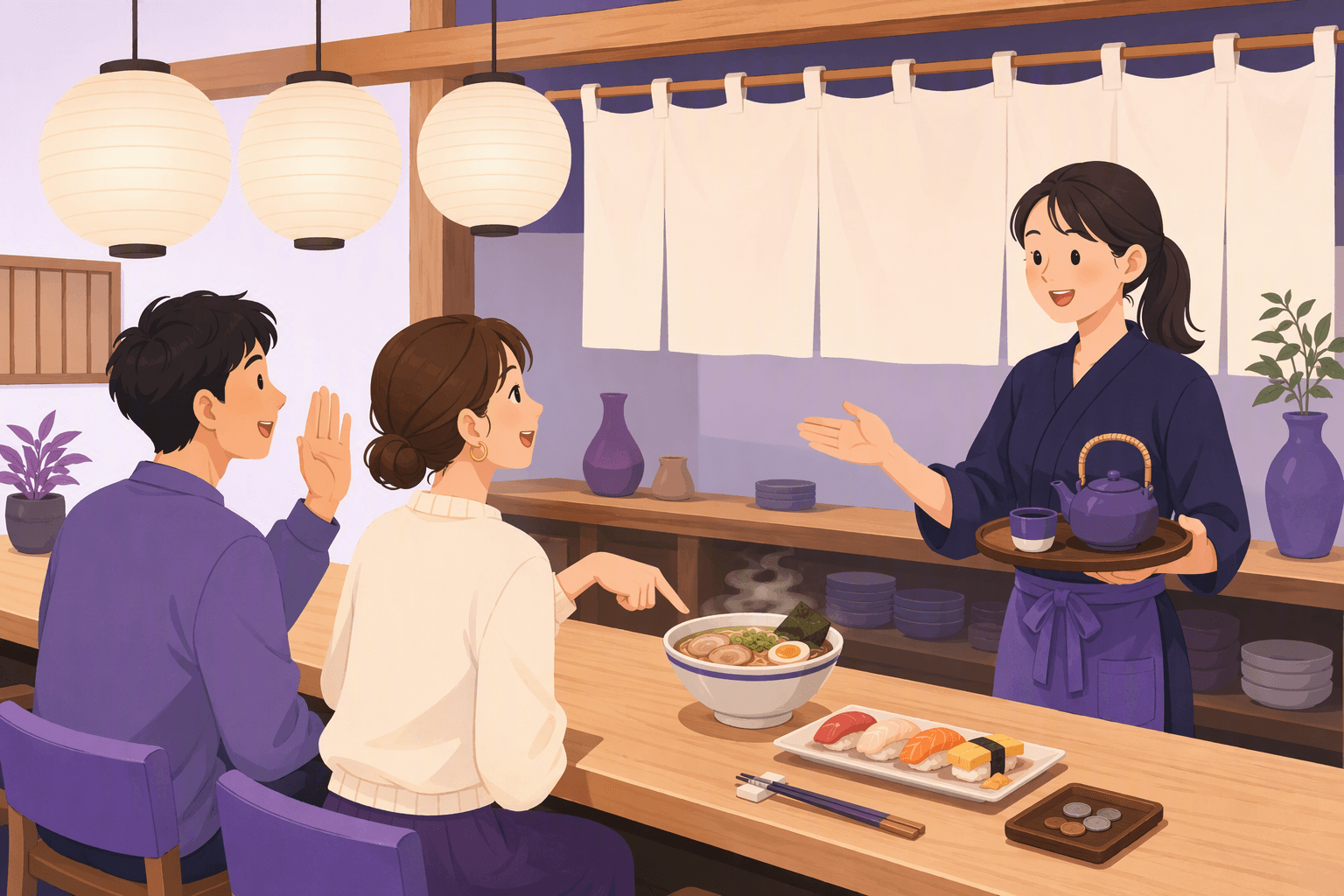 Guests at an izakaya counter ordering from a smiling server, with ramen, sushi, tea and a small bill tray on the wooden counter
