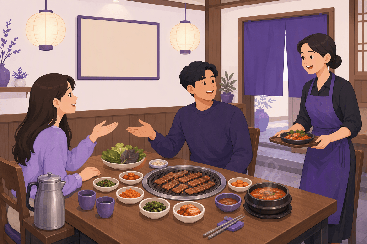 Two diners at a Korean restaurant table with a grill, stew and many banchan side dishes while a server brings another plate