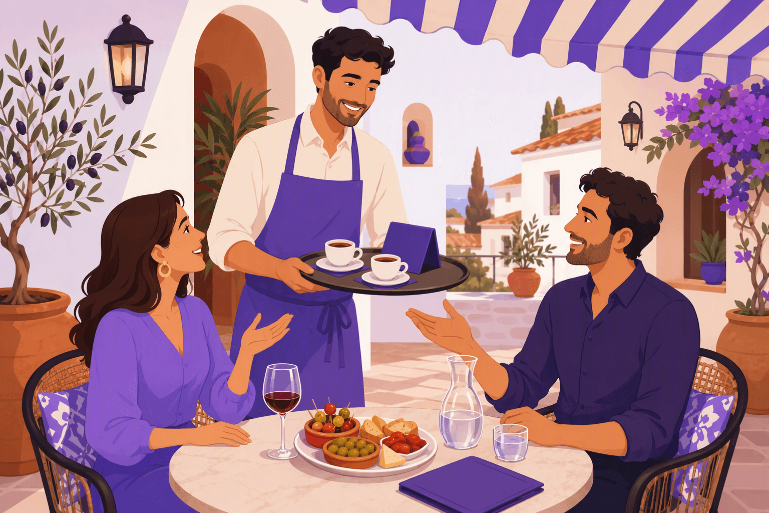 A waiter serving coffee to two smiling diners at a table with tapas on a sunny Spanish terrace