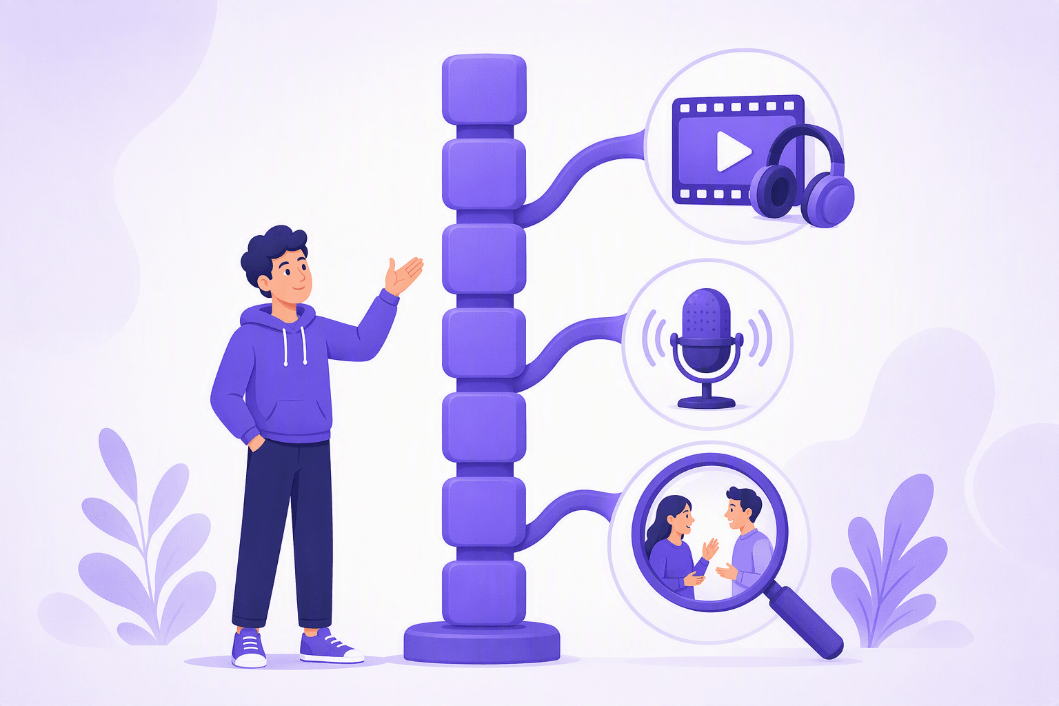 A vertical spine of stacked lesson blocks with three branches: one ending in a film frame with headphones, one in a microphone with sound waves, one in a magnifying glass over two people talking face to face, with a learner gesturing at the structure