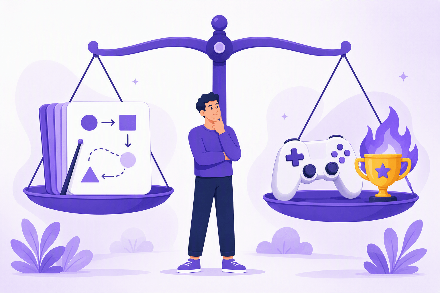 A balance scale comparing two approaches: a stack of lesson cards with a teaching pointer and a diagram of shapes and arrows on one pan, a game controller, trophy and streak flame on the other, with a learner standing between them thinking