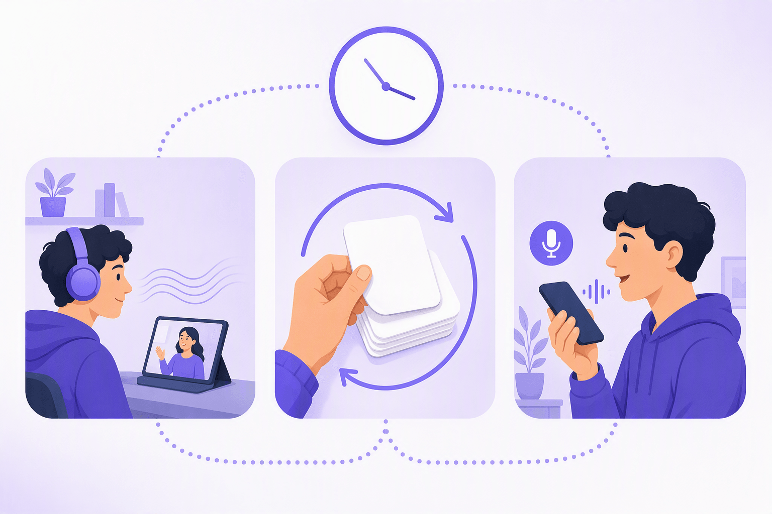 Tiga panel bulat dihubungkan oleh lingkaran putus-putus di bawah sebuah wajah jam polos tanpa tanda: seseorang berheadphone menonton sebuah tablet dengan gelombang suara, sebuah tangan membolak-balik tumpukan kartu kosong di dalam panah pengulangan melingkar, dan orang yang sama merekam sebuah catatan suara singkat ke ponsel dengan ikon mikrofon, menggambarkan rutinitas harian yang dapat diulang berupa mendengarkan, mengulas, dan berbicara