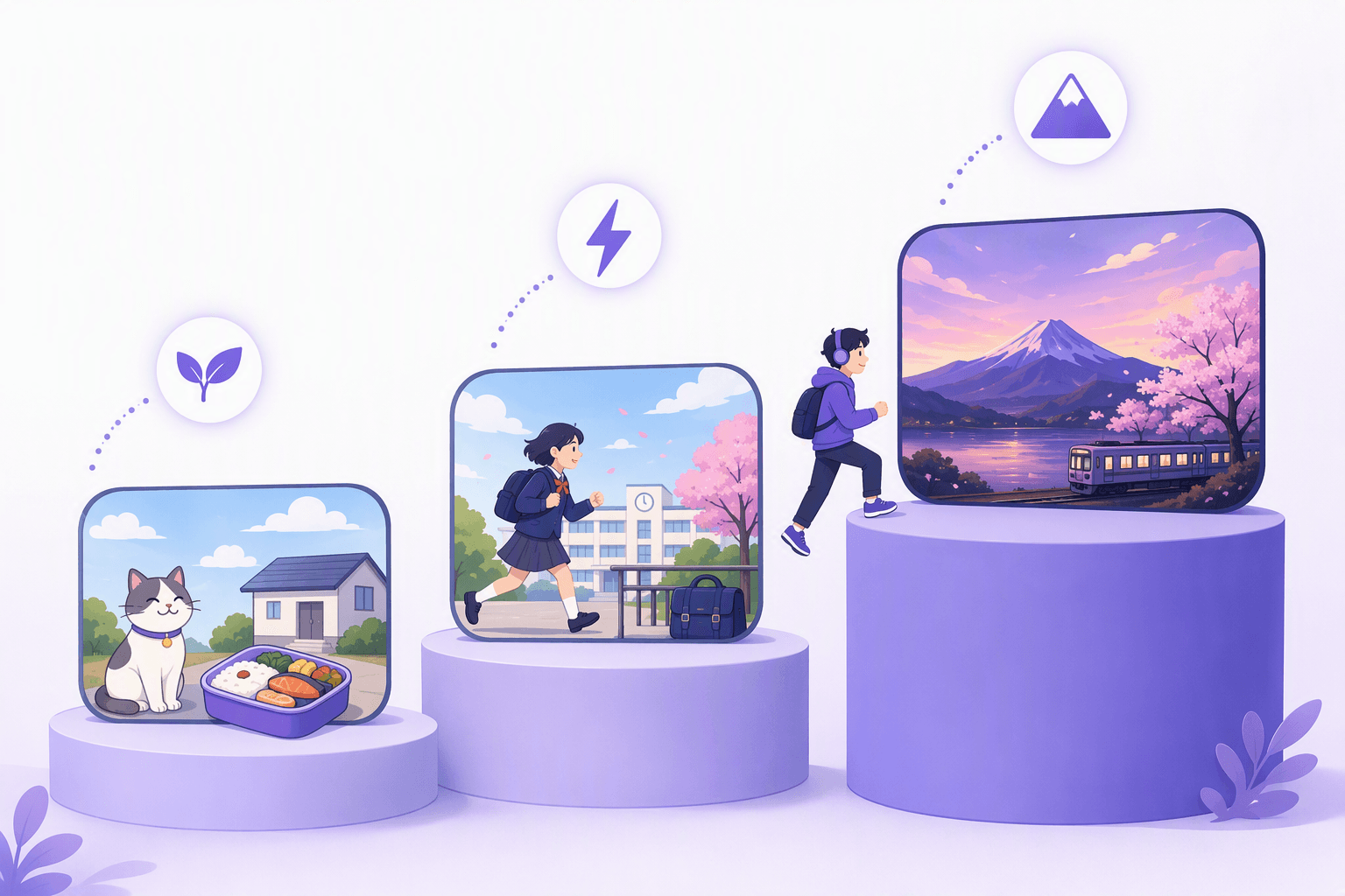 Three rising purple platforms, each holding a screen: a cat beside a bento box and a small house on the lowest, a student running past a school building under cherry blossoms on the middle, a dusk landscape with a snow-capped mountain and a local train on the highest, with a figure in headphones climbing toward the top, illustrating the beginner to advanced anime difficulty ladder