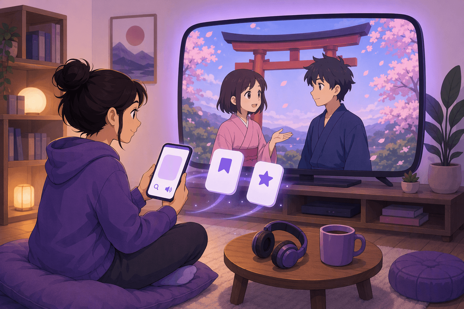 Viewer sitting cross-legged on a floor cushion in a cosy evening room, holding a phone with a blank flashcard while a large screen shows two animated characters talking under a red torii gate and cherry blossoms, with saved-word cards floating between the screen and the phone, illustrating studying Japanese with anime apps
