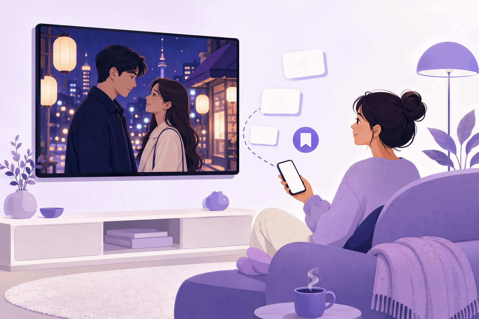A K-drama scene playing on a living room television while a viewer saves vocabulary from the scene on a phone