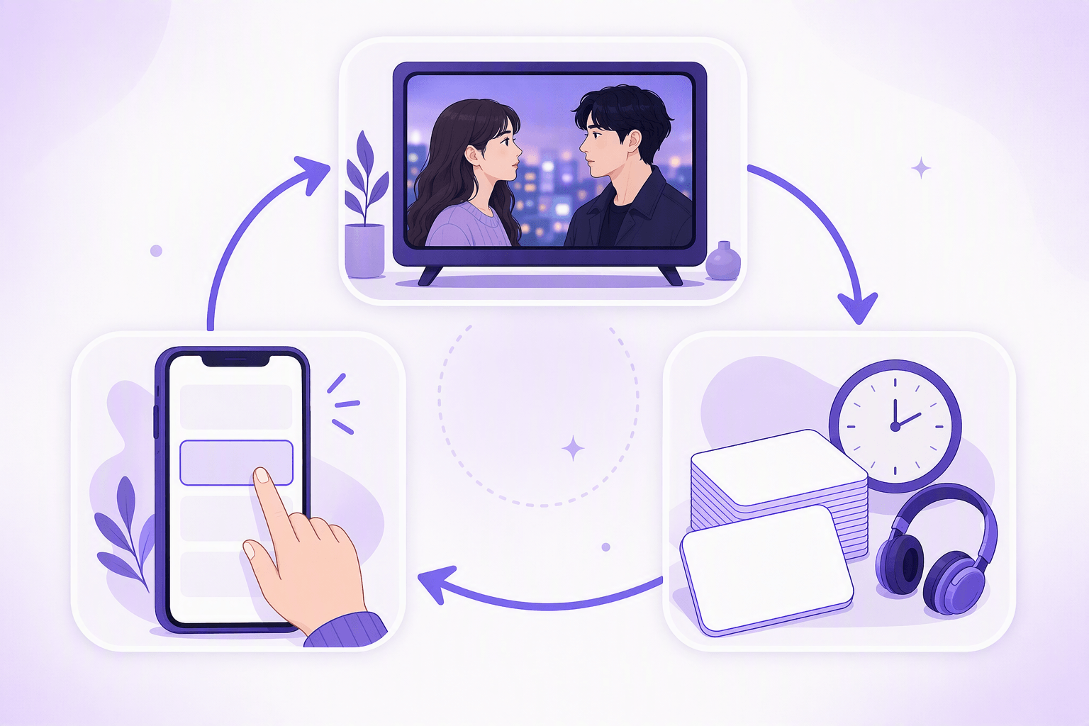 A repeating study loop: watch a drama scene, tap a word on your phone, then review it later with audio