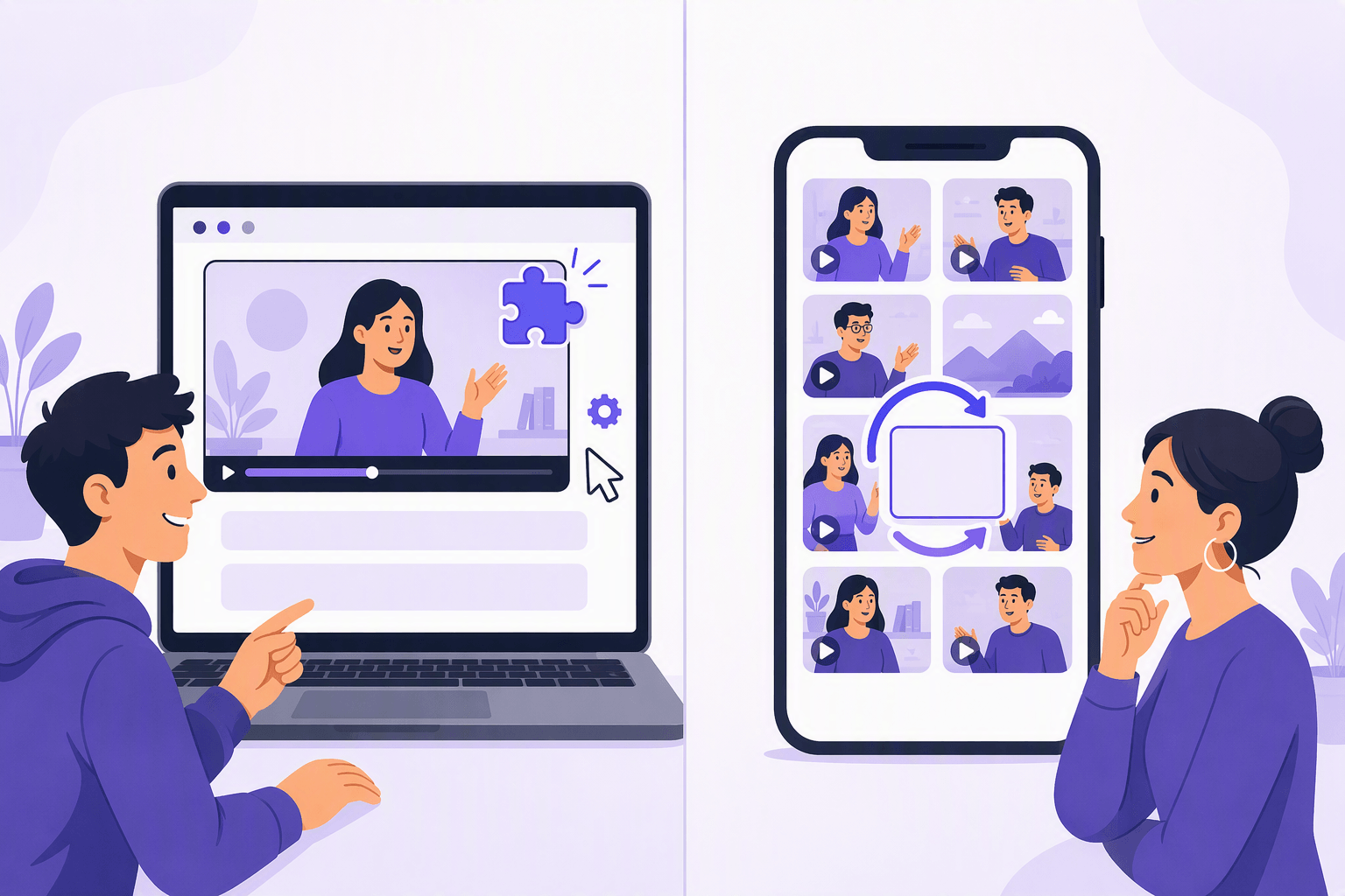 Side by side comparison: a browser extension adding a caption layer to a video player on a laptop, next to a curated clip app on a phone with a built-in flashcard review loop