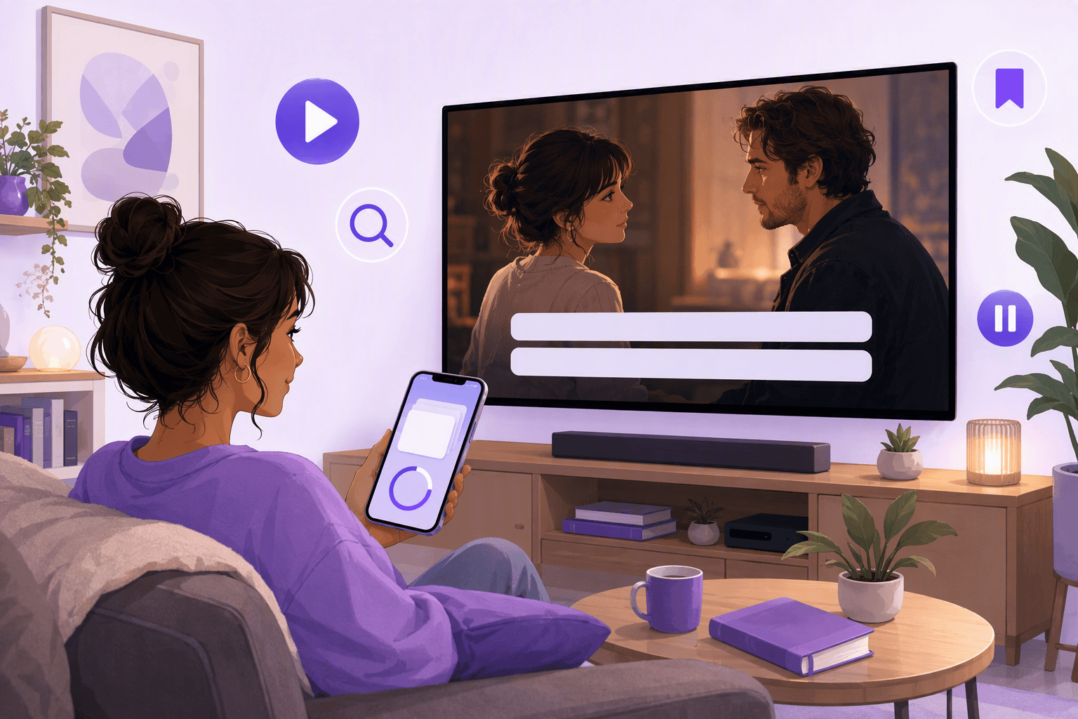 A learner on a couch watching a paused streaming scene with dual subtitle bars on the TV while a phone shows saved vocabulary cards and review progress