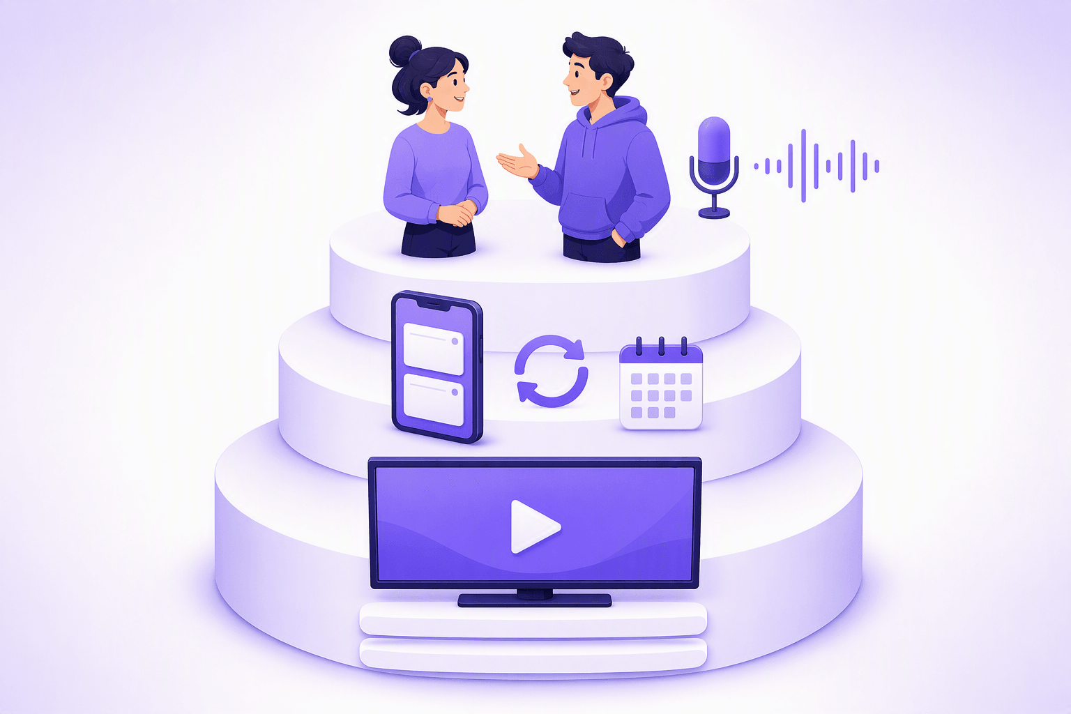 A three-layer immersion stack shown as rising steps: streaming video with captions at the base, a spaced repetition app in the middle, and two people practising conversation on top