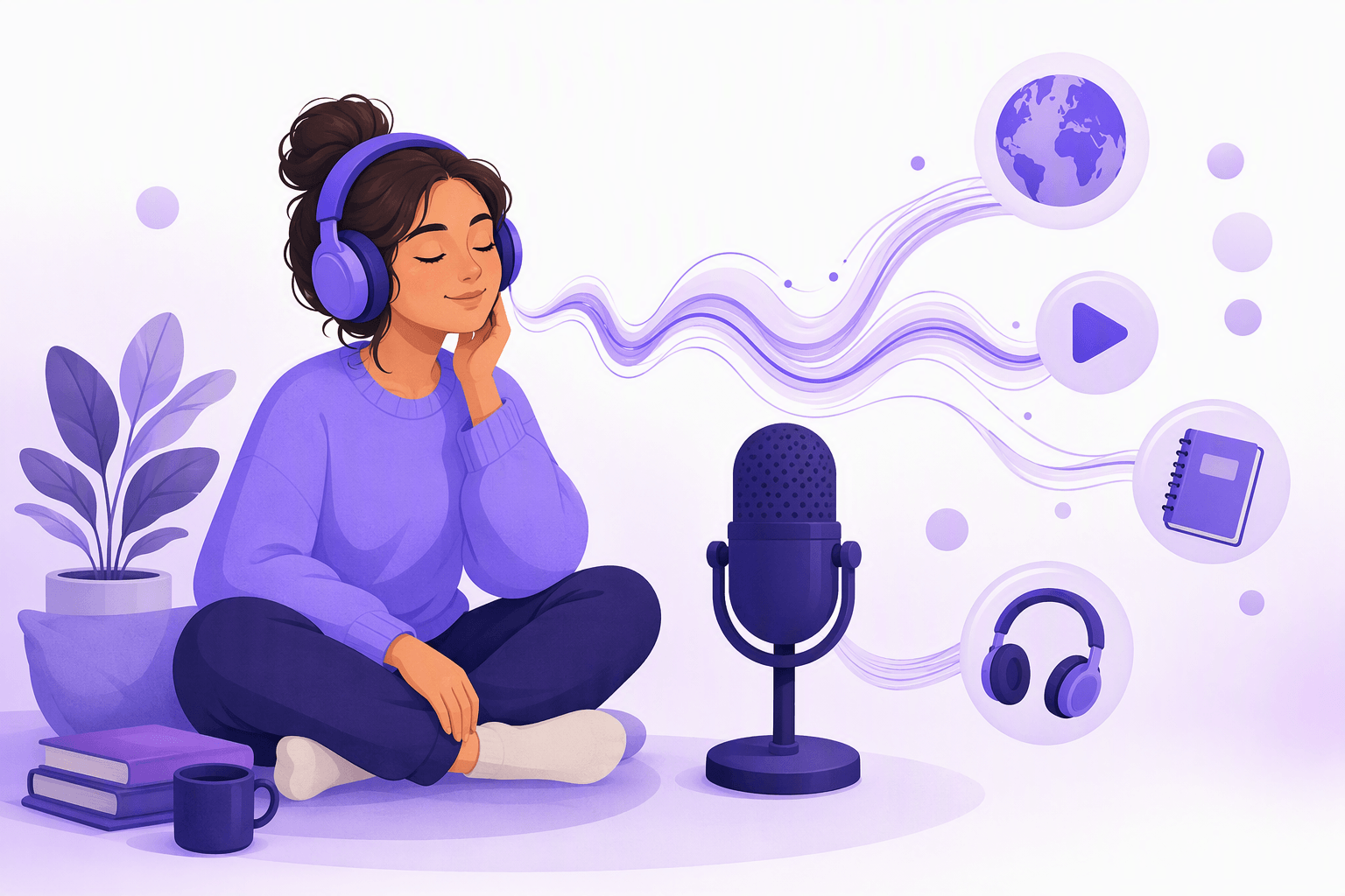 A learner sitting comfortably with headphones on, listening to a podcast next to a studio microphone, with sound waves flowing into icons for a globe, playback, a notebook and headphones