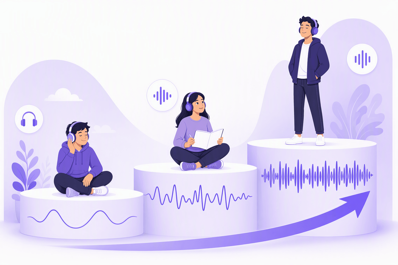 Three learners on rising platforms, each listening to a denser audio waveform than the one below, showing the progression from slow graded speech to fast native speech