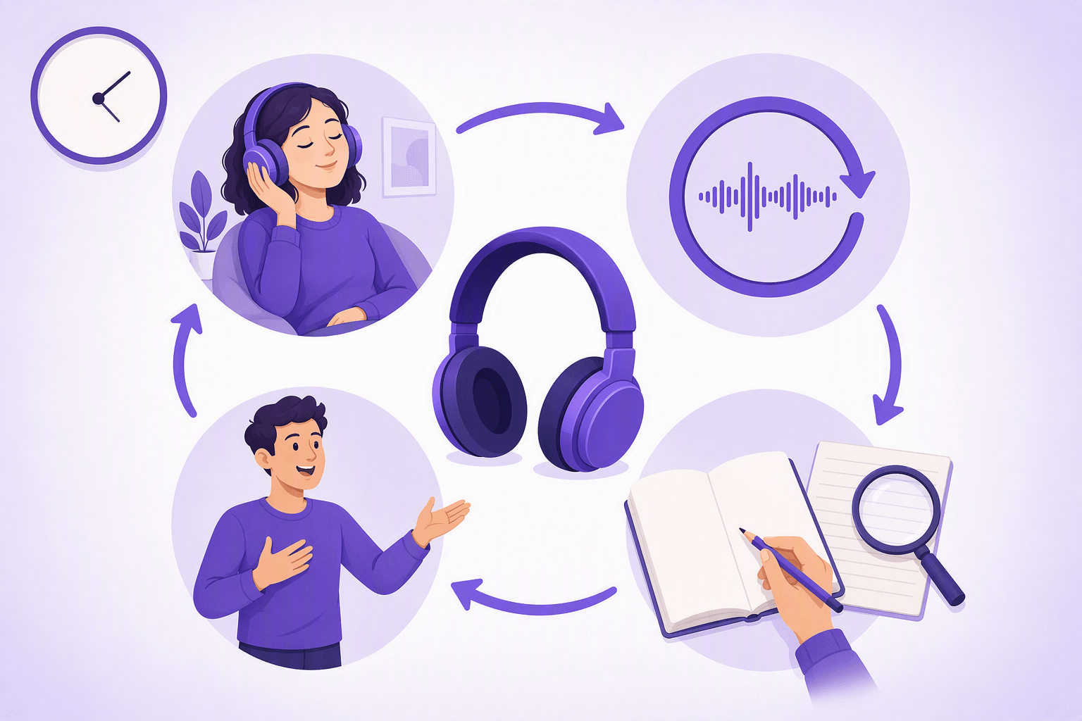 A four-stage listening cycle around a pair of headphones: listening relaxed, replaying a short audio segment, checking a transcript with a pencil and magnifying glass, then speaking out loud
