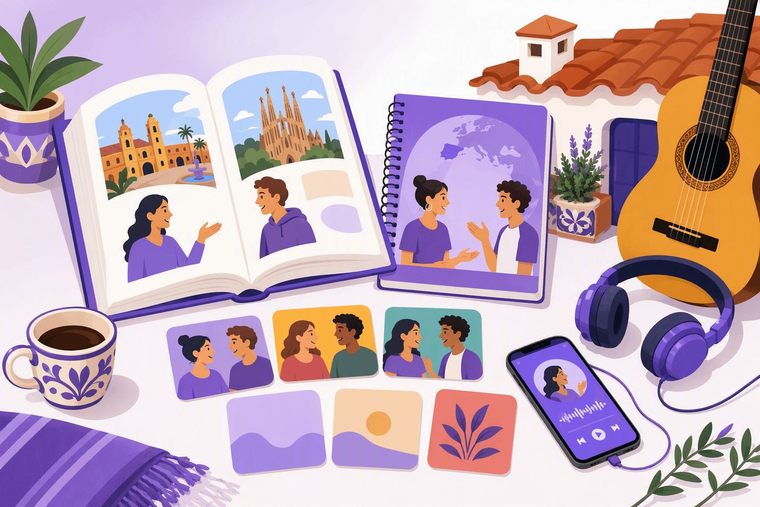 Flat-vector scene showing an open Spanish textbook and grammar workbook with headphones, an audio-playing smartphone, blank conversation cards, and Spanish cultural objects on a study desk.
