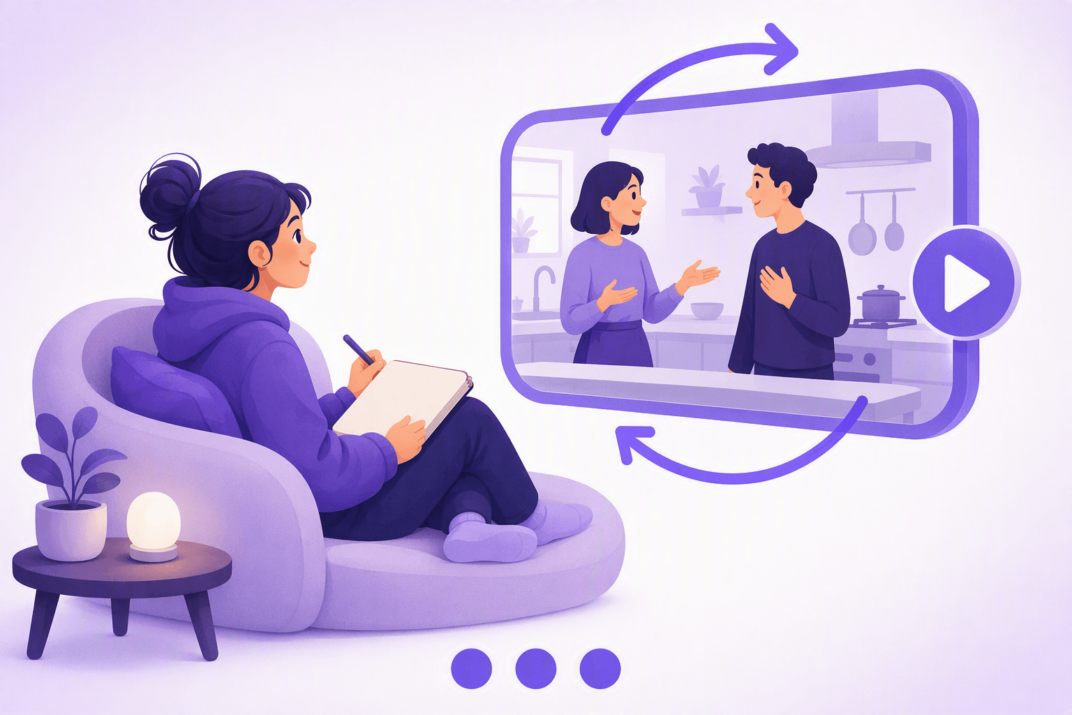 A learner on a couch taking notes while replaying a short two-person kitchen scene on a screen marked with a repeat arrow