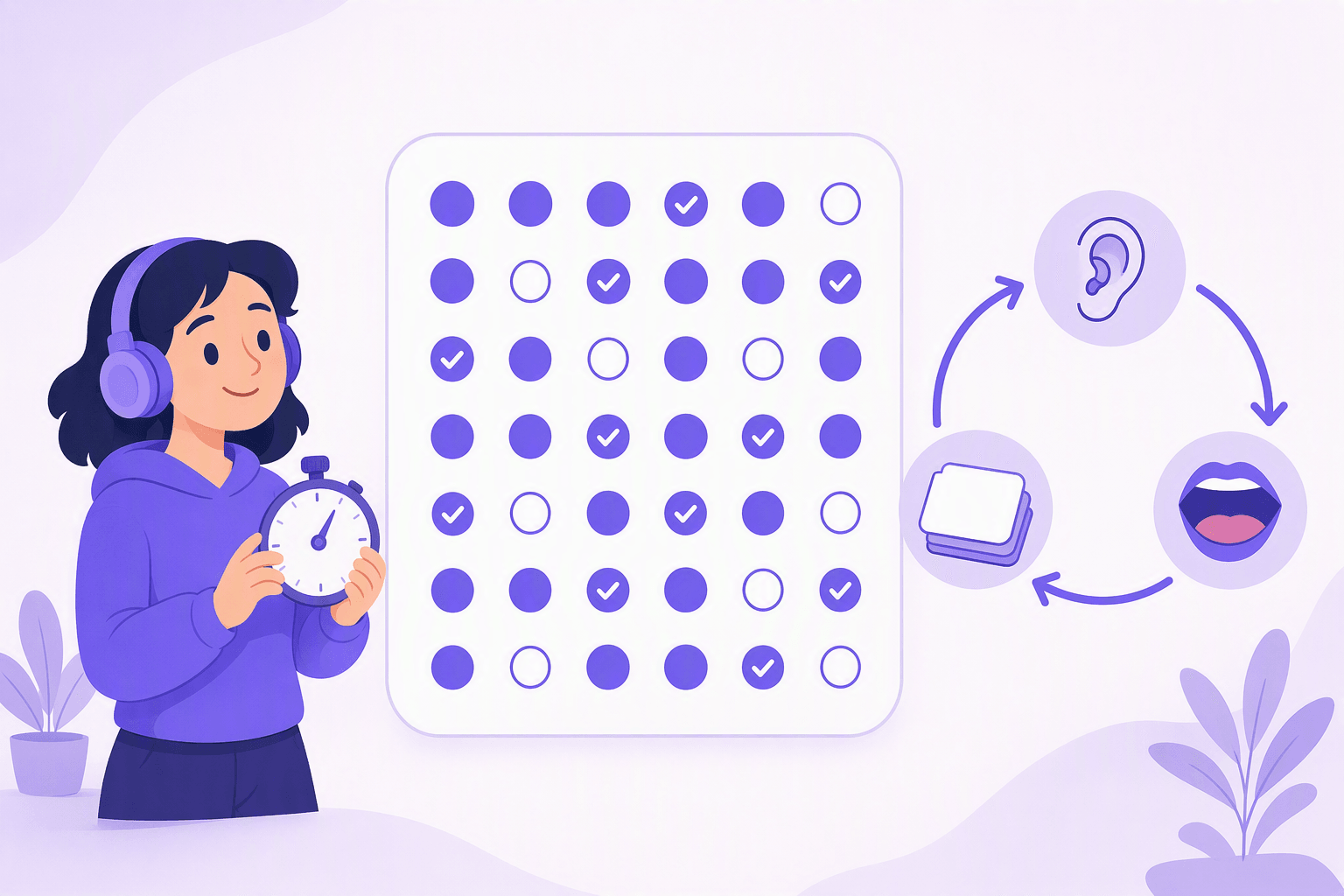 A month-long habit tracker of dots with checkmarks next to a learner holding a stopwatch, and a loop connecting listening, speaking, and vocabulary review