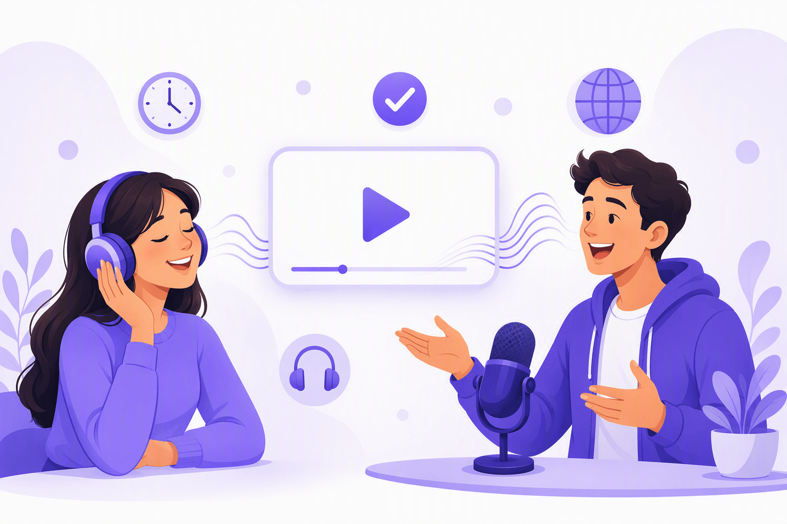 A beginner English learner listening with headphones while a second learner practices speaking into a microphone, with a video clip playing between them