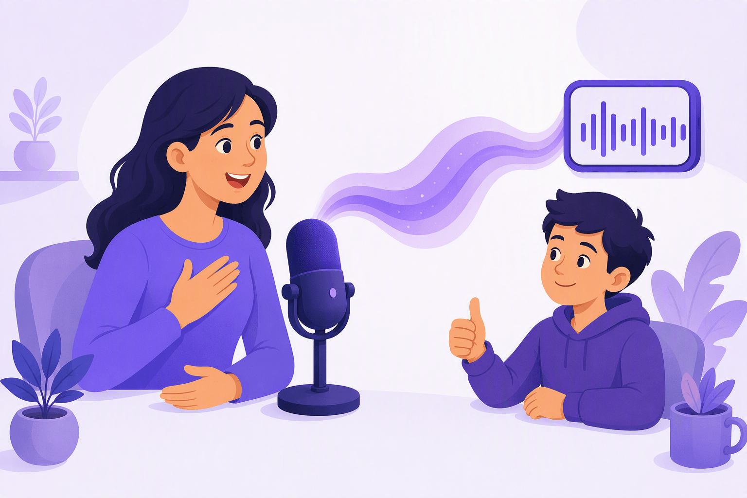 A learner speaking into a desk microphone while the recorded waveform appears on a phone and a listening partner gives a thumbs-up