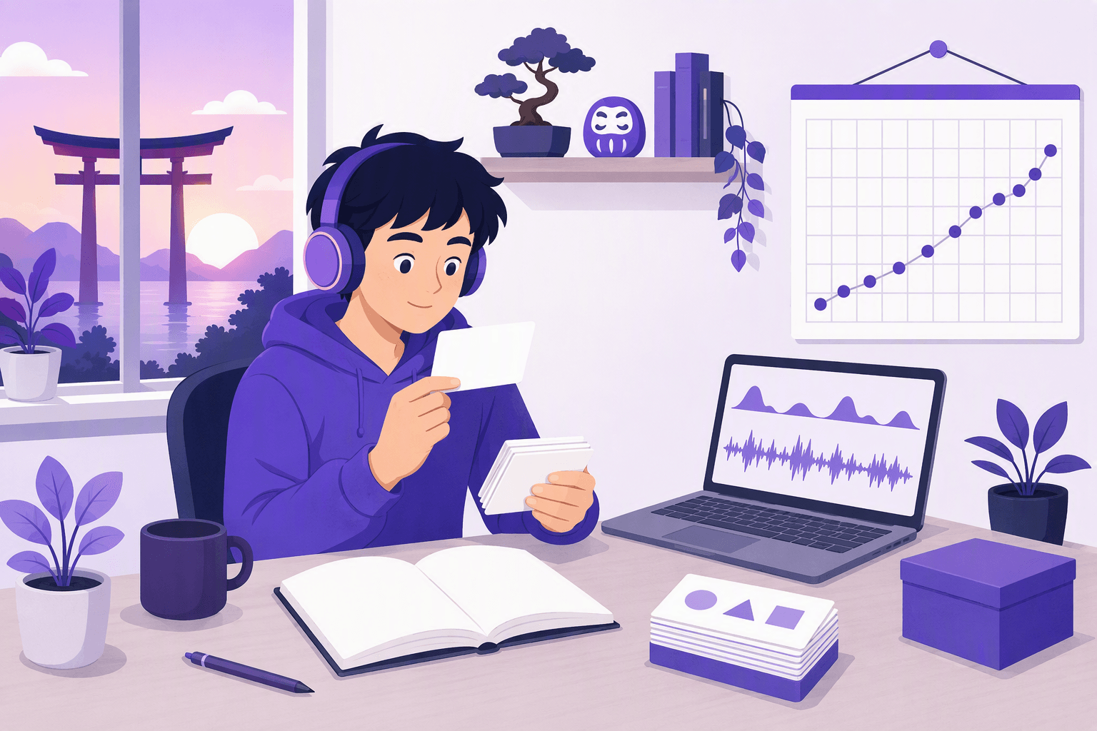 Flat-vector illustration of a beginner studying Japanese at a desk with blank flashcards, an unmarked notebook, headphones, listening waveforms, gradually increasing practice cards, and a 90-square calendar leading toward a torii gate at sunrise.