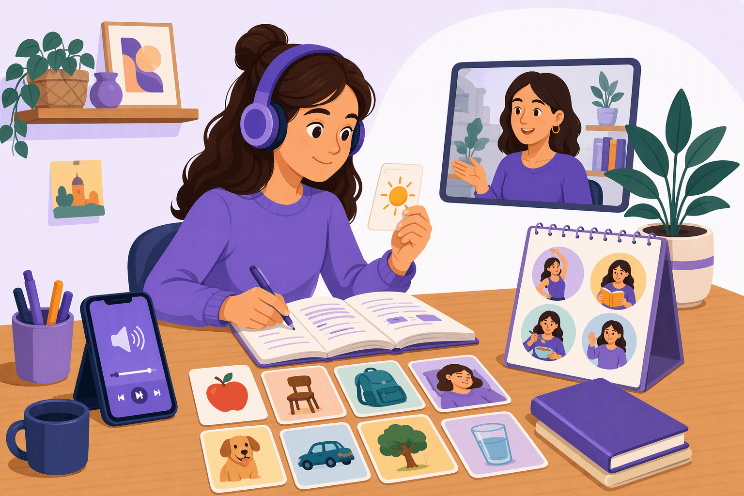 Flat-vector scene of a beginner studying Spanish with audio headphones, a phone, illustrated vocabulary cards, a grammar notebook, and a calendar representing daily practice.