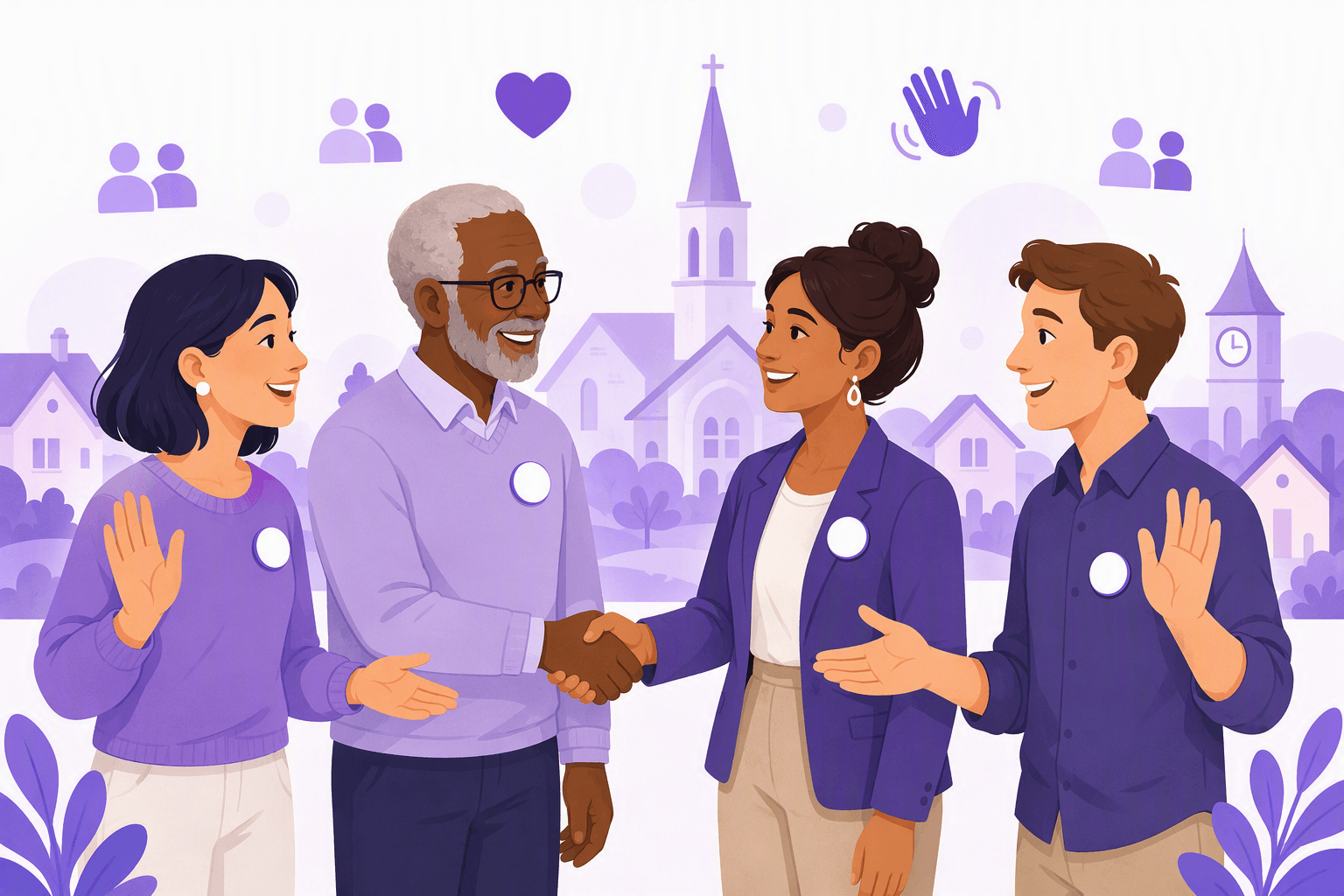 Four smiling people of different ages greeting each other at a community meetup, two shaking hands and two waving, each wearing a blank round name badge, with houses and a clock tower in the background
