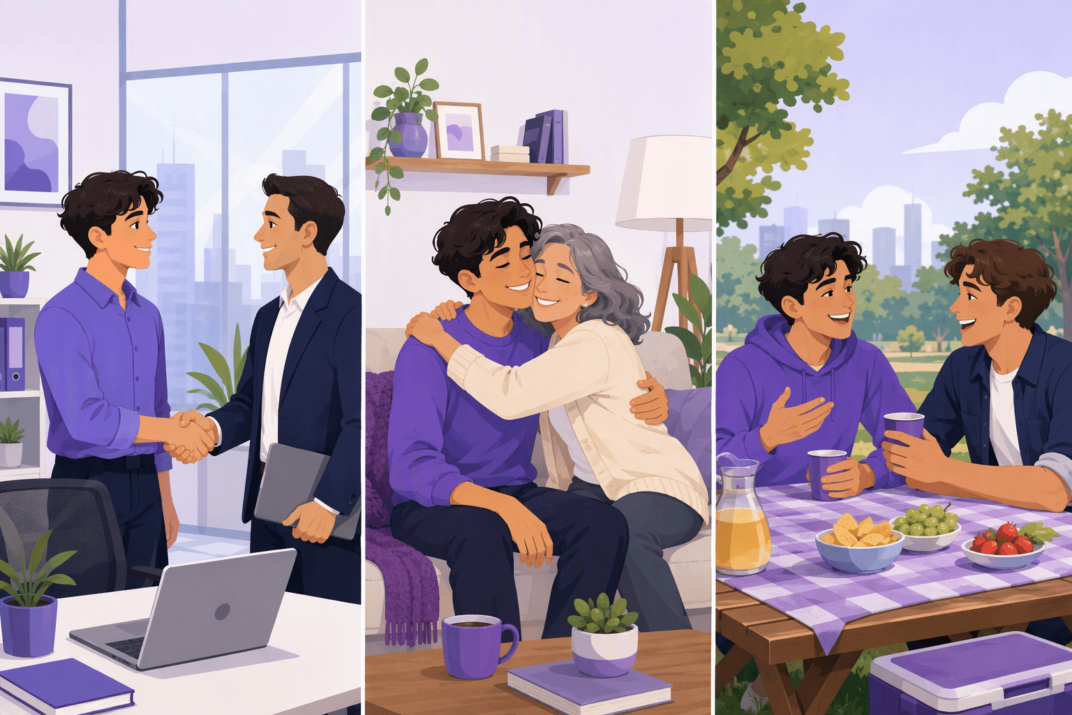 Three side-by-side panels showing the same young man in three settings: shaking hands with a colleague in an office, being hugged by an older woman on a living-room sofa, and laughing with two friends at an outdoor picnic table