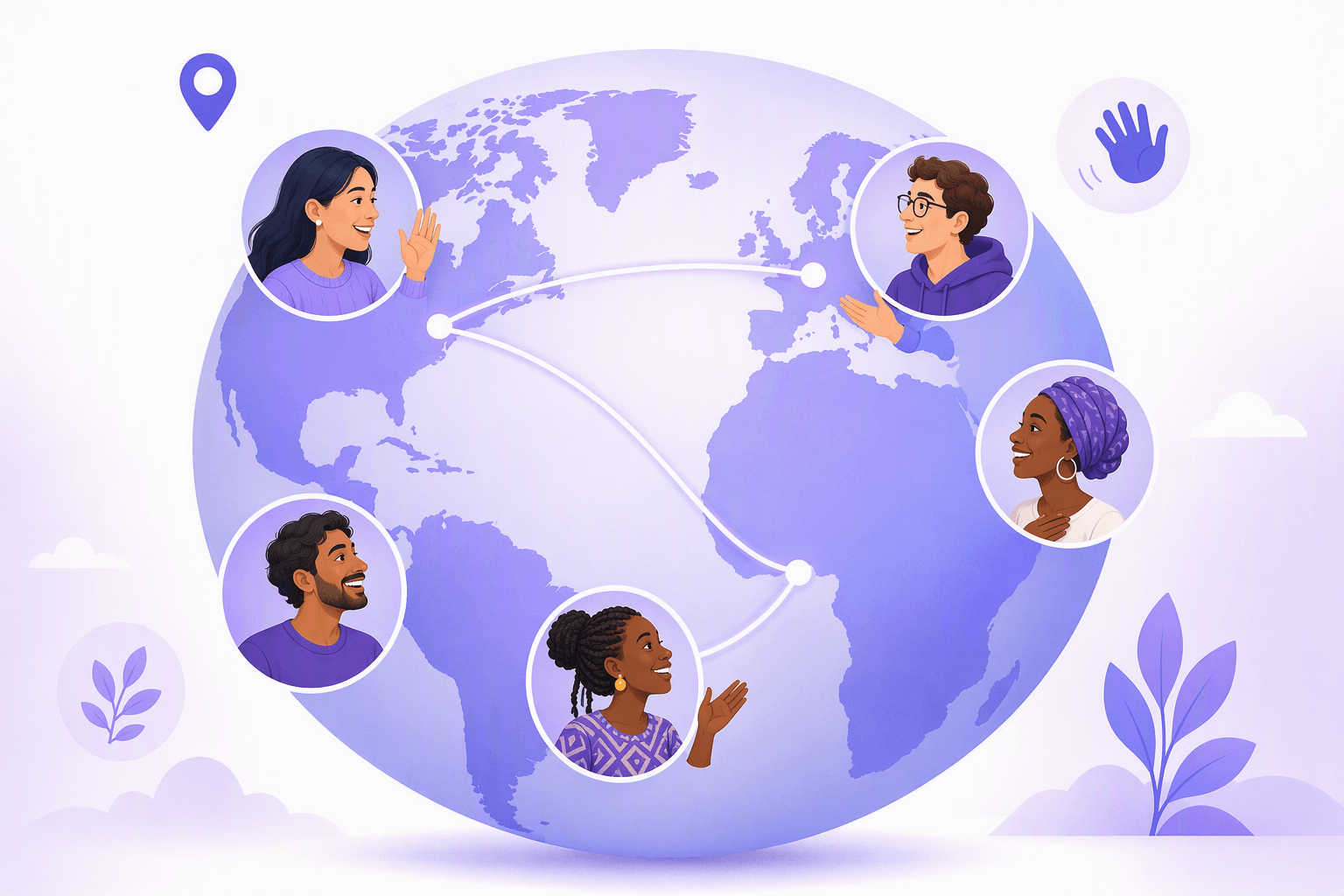 Globe with connection lines linking France, Québec and West Africa, and portraits of French speakers from each region