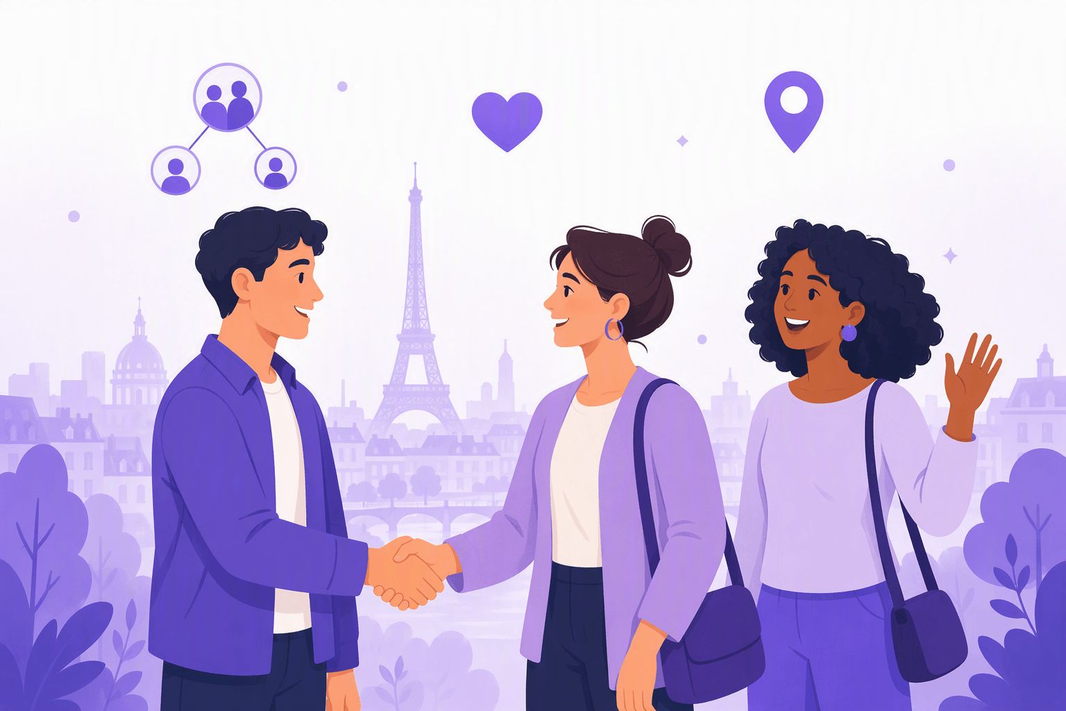 Two people shaking hands and introducing themselves in front of a Paris skyline, with a third person waving hello