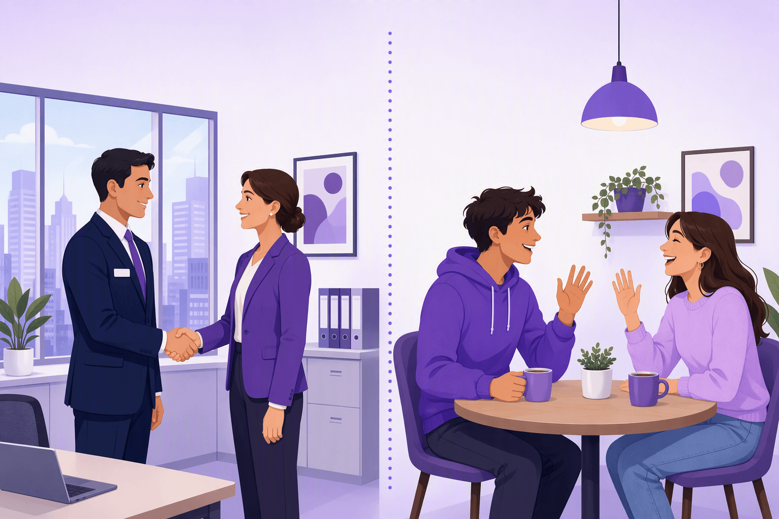 A formal office handshake between two colleagues in suits on one side and two friends chatting over coffee at a cafe table on the other, separated by a dotted line