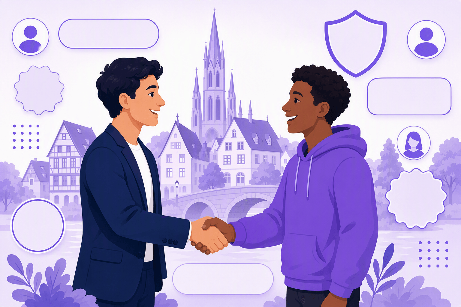 Two people smiling and shaking hands in front of a German townscape of half-timbered houses, a church spire and a stone bridge, framed by person icons and blank name badges