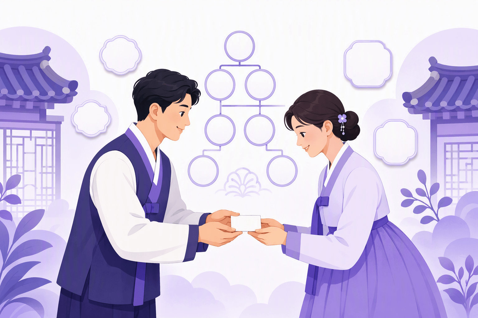 Two people in hanbok exchanging a blank name card with both hands, with a family tree of connected circles behind them