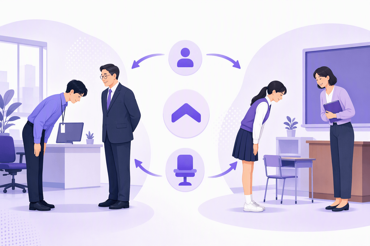 An employee bowing to a senior manager in an office and a student bowing to a teacher in a classroom, with abstract rank icons between them