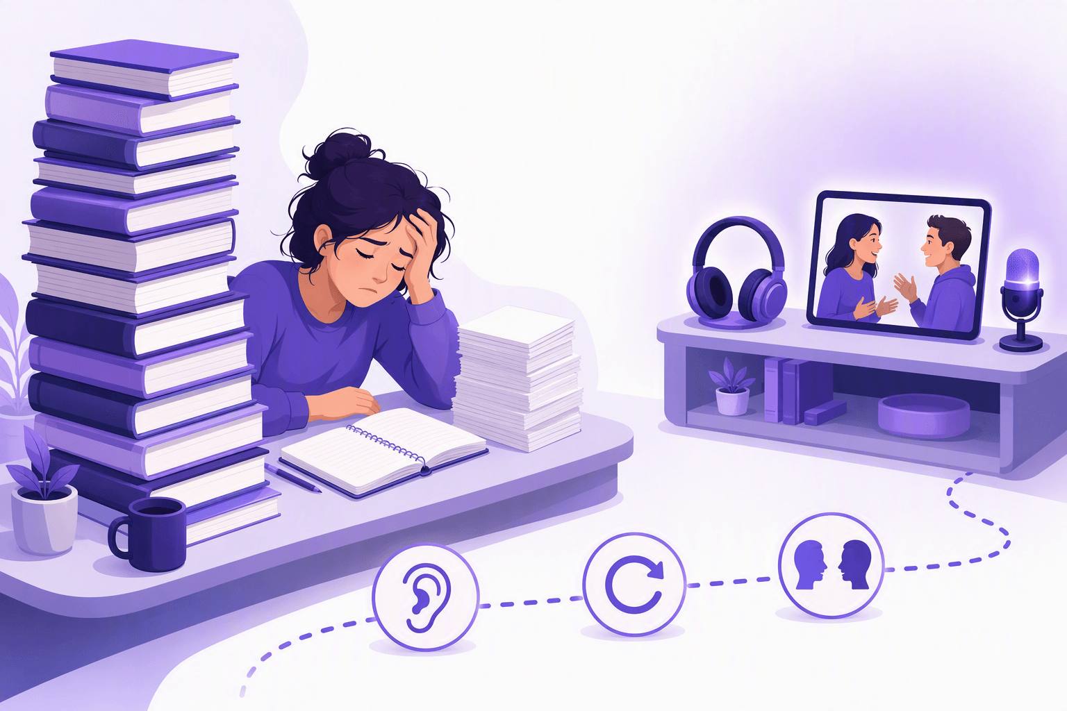 Tired learner slumped at a desk behind a towering stack of textbooks and a pile of blank flashcards, while an untouched pair of headphones, a screen showing two people talking and a microphone glow on a shelf nearby, connected by a dotted path with ear, replay and facing-profile icon badges, illustrating the shift from over-studying rules to training real listening and speaking