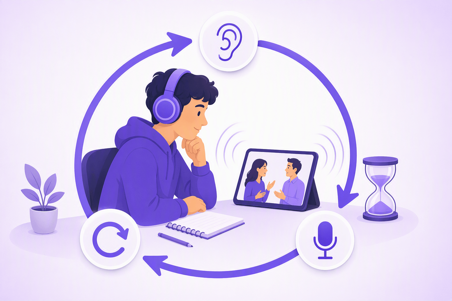 Learner in headphones watching a tablet where two characters talk, sound waves radiating from the screen, surrounded by a closed circular loop of arrows passing through an ear badge, a replay-arrow badge and a microphone badge, with an hourglass beside them, showing a short repeatable daily listening loop