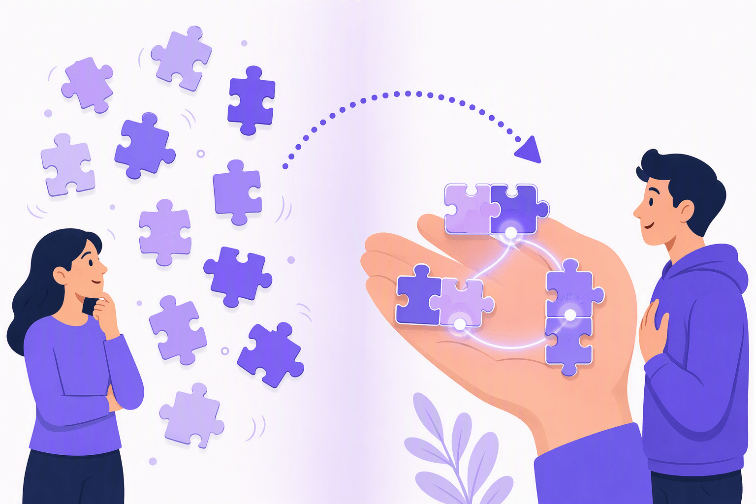 Split illustration: on the left a learner watches a scattered cloud of loose single puzzle pieces drifting apart, on the right the same pieces clicked together into small linked clusters resting in an open cupped hand, joined by a curved dotted arrow, showing vocabulary stored as connected phrase chunks instead of isolated words