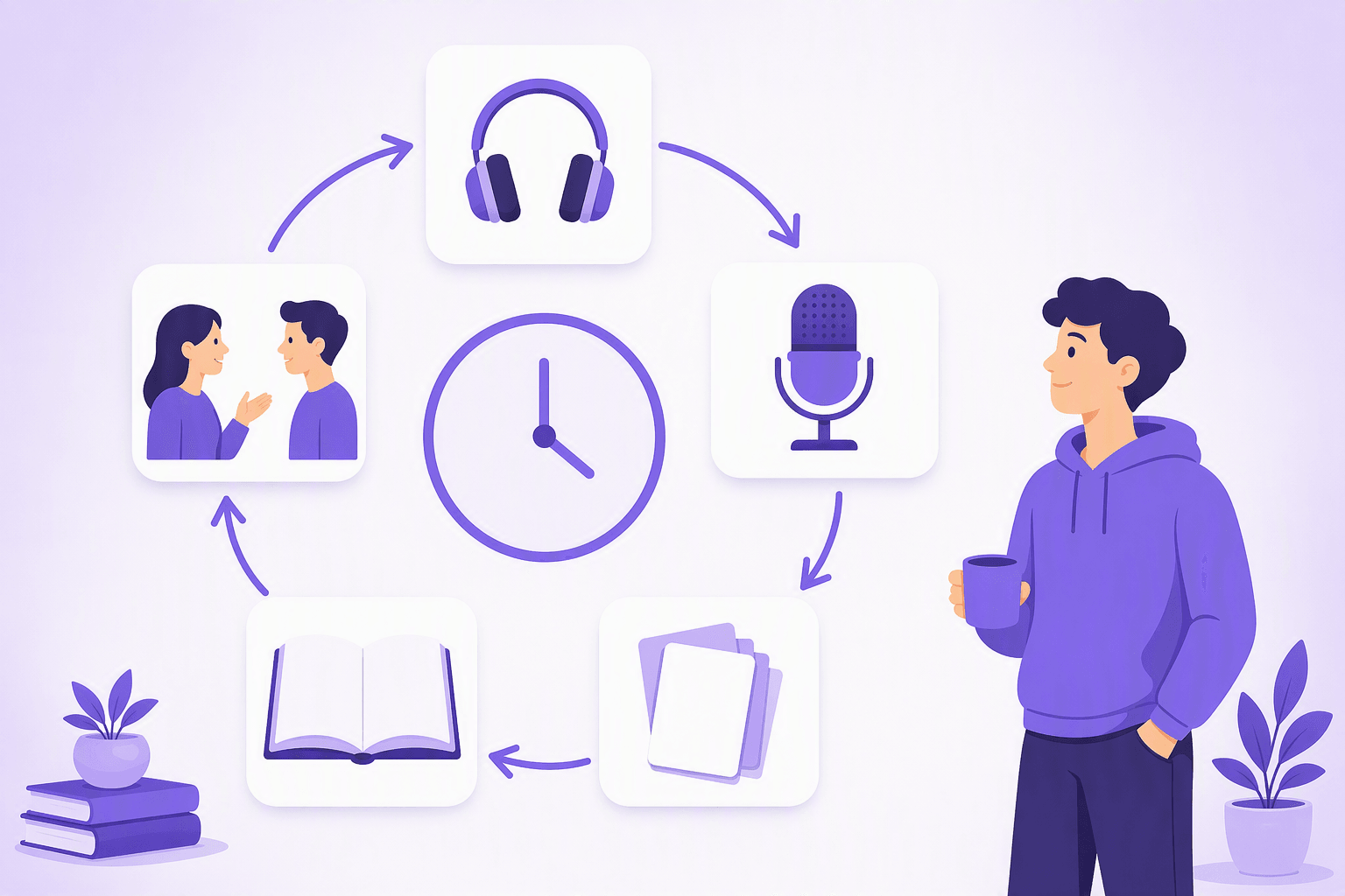 Five rounded cards arranged in a wheel and linked by curved arrows flowing back to the start, each holding one icon - headphones, a microphone, a stack of blank cards, an open book, and two people facing each other - with a plain unmarked clock in the centre and a relaxed learner holding a mug beside it, illustrating a simple repeatable weekly study loop