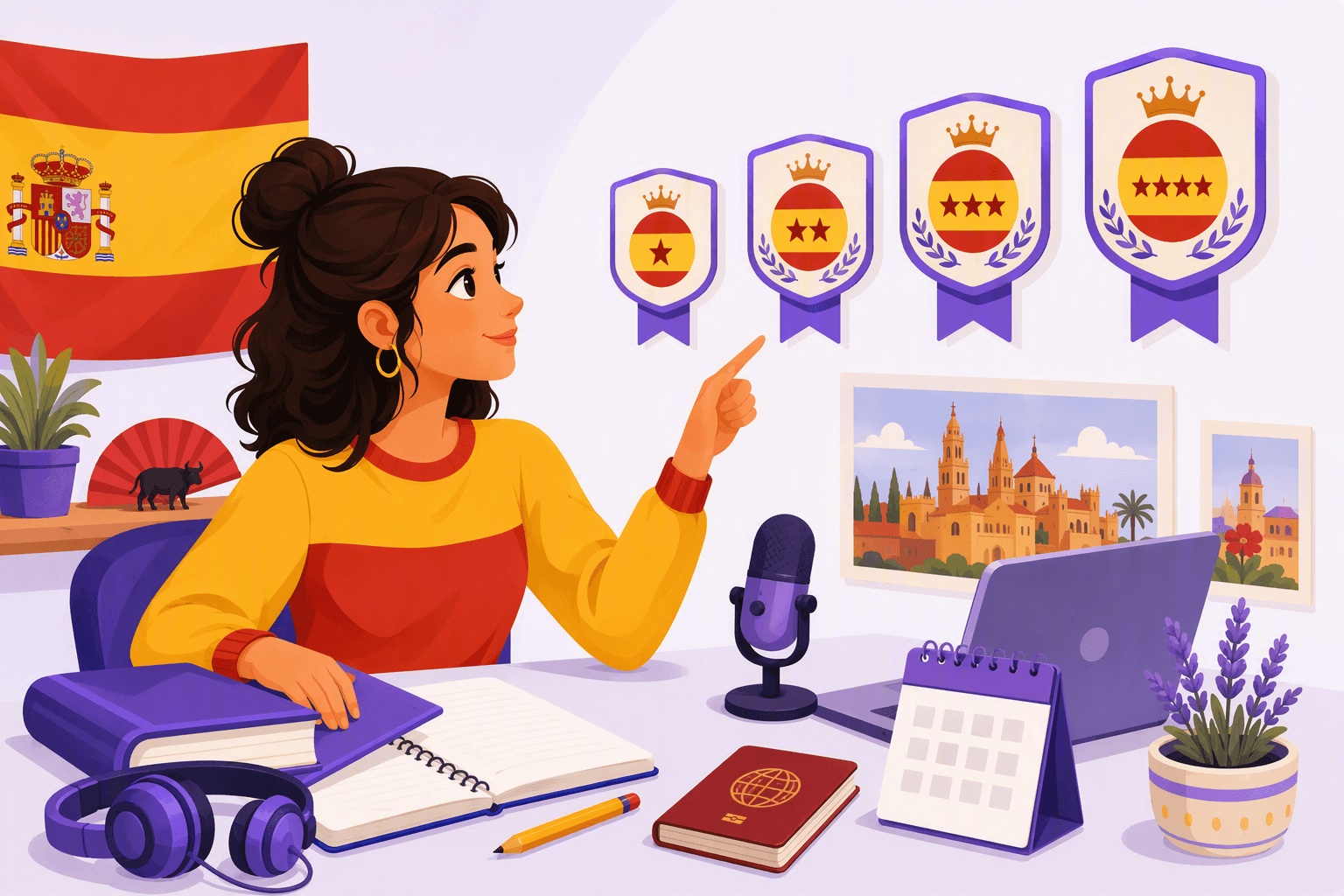 Flat-vector illustration of a student preparing for the DELE Spanish exam by selecting a level and practicing reading, listening, writing, and speaking, with registration items including a calendar, passport, and laptop.