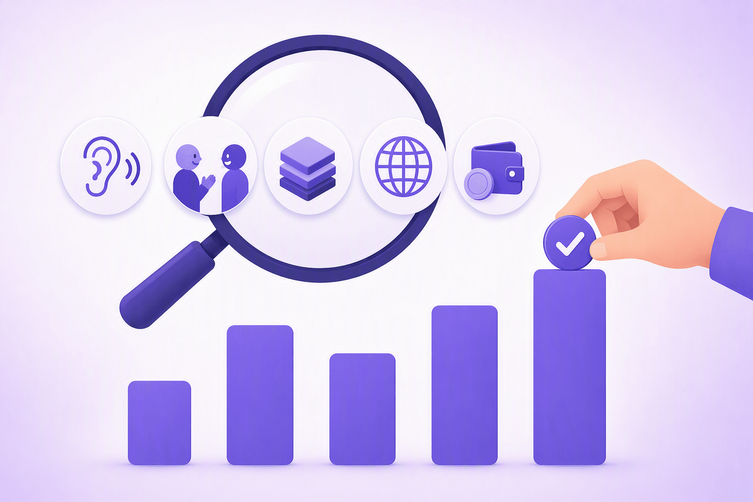 Five round criteria icons inspected by a large magnifying glass, one for each ranking dimension: an ear with sound waves for listening, two figures turned toward each other for conversation, three stacked layers for grammar depth, a globe for language coverage, and a coin with a wallet for pricing, above five blank bars of different heights where a hand places a checkmark badge on the tallest one